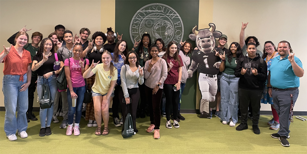 Freedom High School students gather for a group photo together with their teachers and members of the USF Molecular Biosciences Club, who volunteered as mentors for the day. (Photo courtesy of Sandy Westerheide)
