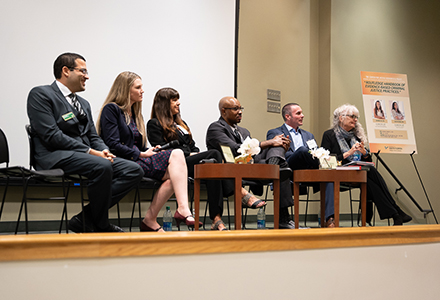 Panelists from various disciplines joined the conversation about the work of the CJPR and the importance of the new book. (From left) Mateus Rennó Santos, Assistant Professor in the Department of Criminology; Chae Jaynes, Associate Professor in the Department of Criminology; Christine Ruva, Professor and Chair of the Department of Psychology at USF Sarasota Manatee; Ali Andrew Shakoor, Senior Attorney for the Capital Collateral Regional Counsel; Michael T. Baglivio, Vice President of Research & Development at Youth Opportunity; and Joan Reid, Professor in the Department of Criminology. (Photo by Corey Lepak)