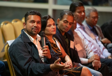 Audience members from the Tampa Bay Jain community joined the conversation during the Q & A session. (Photo by Corey Lepak)