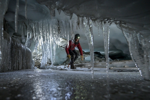 Dr. Jason Gulley exploring glacial caves in Nepal. (Photo courtesy of Dr. Jason Gulley)