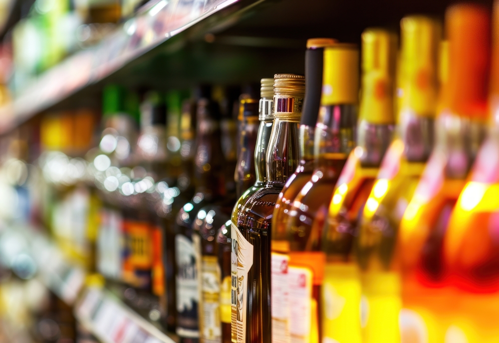 Rows of alcohol bottles on a shelf in a supermarket. (Photo source: Adobe Stock)