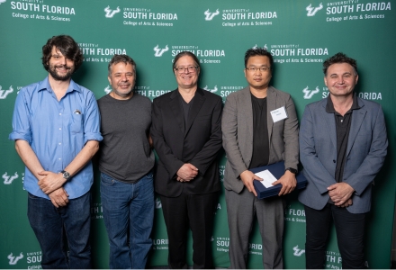 (From left) Associate Professor Giacomo Micheli, Associate Professor Ivan Rothstein, Cristopher Moore, Assistant Professor Jiwoong Kim, and Professor Razvan Teodorescu. (Photo by Corey Lepak)