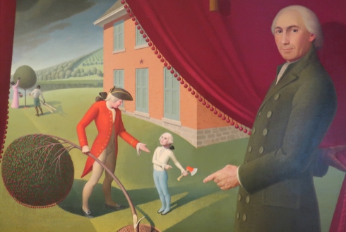 “Parson Weem’s Fable,” by Grant Wood depicting Washington chopping down his father’s cherry tree. (Photo source: General Public Domain)