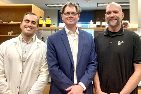 (From left) Doctoral candidate and lead scientists, Justin Fletcher, principal investigator, Dr. Brant Burkhardt, and co-principal investigator, Dr. Stanley Stevens Jr. (Photo courtesy of Brant Burkhardt)