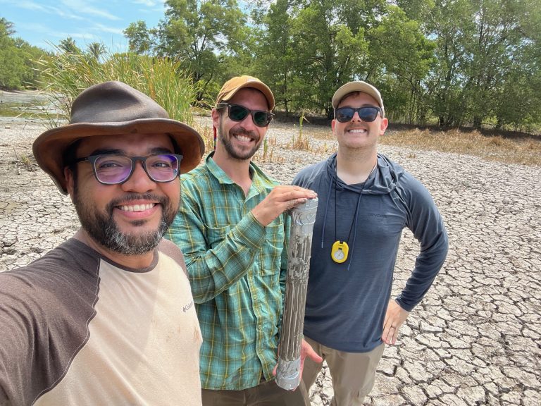 (L to R) Dr. Alejandro Figueroa, Professor of Anthropology at the University of Missouri, Dr. Christopher Kiahtipes, USF Libraries FLENH curator, and Jaime Rogers, Ph.D. candidate in USF’s Anthropology program.