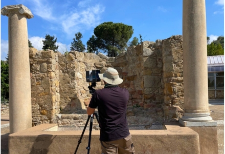 IDEx staff member using terrestrial laser-scanning to digitize the monumental entrance of the Villa (Photo courtesy of Dr. Davide Tanasi)