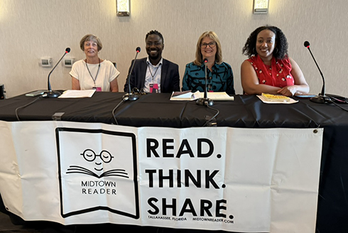 Ajibola Tolase (center left) and Aracelis Gonzalez Asendorf (center right) attend the Florida Book Awards ceremony