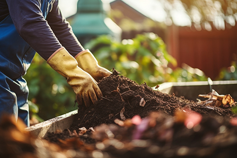 person's gloved hands sifting through mulch