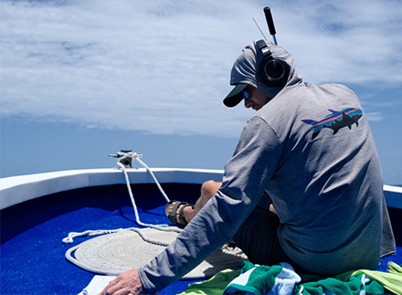 Integrative Biology professor Lucas Griffin conducting field research near the whale shark aggregation site in the Yucatán. Photo by Jessica Bujouves.