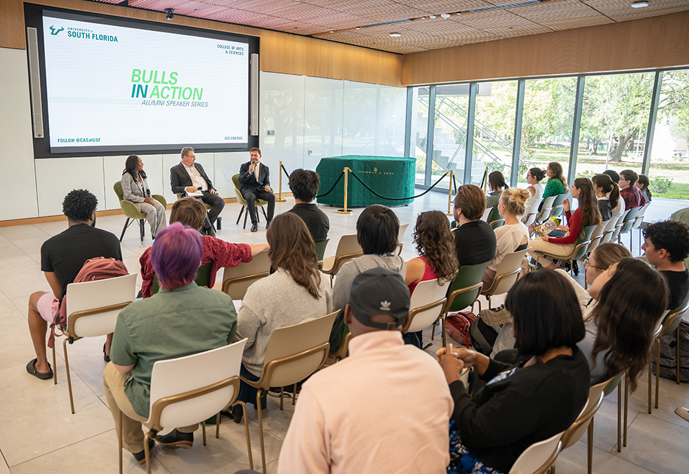 Nearly every seat in the room was filled with students who were eager to hear how Marc and Rios achieved so much professional success in the 12 years or less since their graduation. (Photo by Corey Lepak)