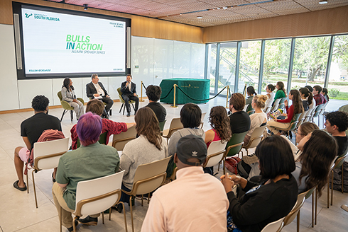 Nearly every seat in the room was filled with students who were eager to hear how Marc and Rios achieved so much professional success in the 12 years or less since their graduation. (Photo by Corey Lepak)