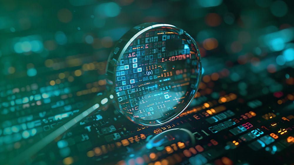 magnifying glass overlaying digital code