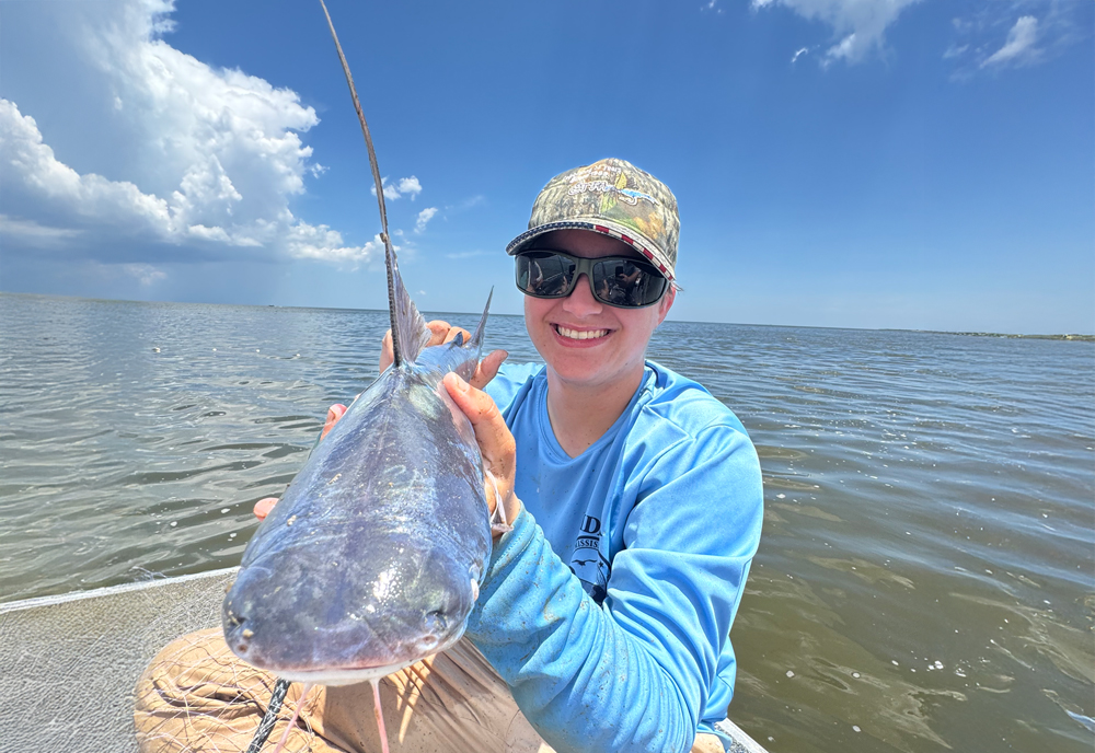 NOAA Hollings Scholar Coen E.E. McGarrah interned at the Grand Bay National Estuarine Research Reserve (NERR) on the Gulf Coast of Mississippi surveying the distribution of southern oyster drill snails where she encountered many different types of marine life, including a gafftop catfish.  (Photo courtesy of Coen E.E. McGarrah)