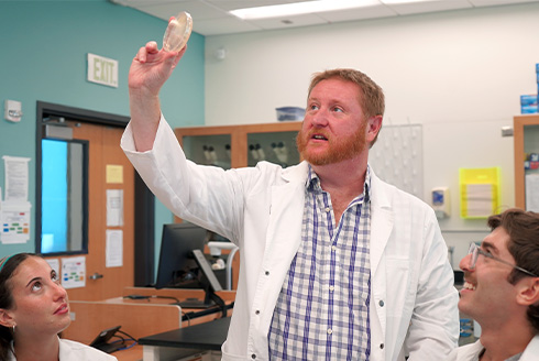 Shaw examining MRSA on a petri dish in his new undergraduate antimicrobial resistance lab