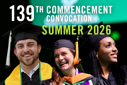 139th commencement convocation summer 2026 listing image depicting three USF students in graduation attire