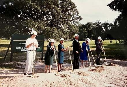 In 1997, Fox (left), who was the president of the USF Alumni Association, attended the USF Alumni Center groundbreaking alongside (left to right) USF president Betty Castor, Congressman Sam Gibbons, Martha Gibbons and Ray Fleming, the alumni building chair.