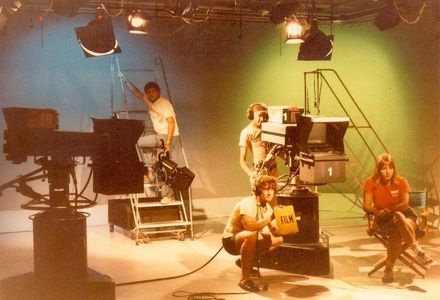Sanders (middle front) and other USF students assist in news production at WUSF TV (1982)