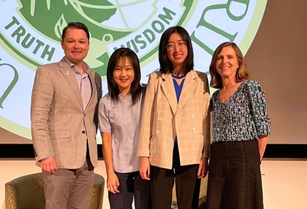 Drs. Scacco, Chong and Li with USF College of Arts and Sciences Interim Dean Magali Michael. (Photo by Dakota Galvin)