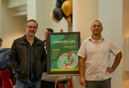 “Los Infiltrados” Director Alex Rivera (left) with Dr. Pablo Brescia, professor and organizer of the annual Spanish Fair and Expo. (Photo by Alessandra Casanova)