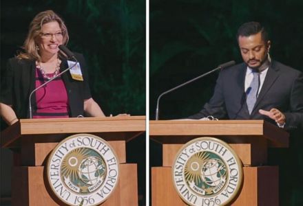 Rodriguez-Rogers (left) presenting at the USF Latino Scholarship Awards. (Photo courtesy of Aileen Rodriguez-Rogers)
