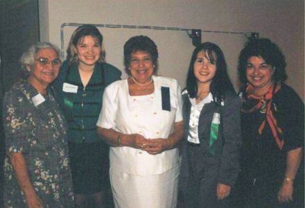 Image of Rodriguez-Rogers (second from the left) with her mentor Delia Sanchez (left), leaders of Pan American University Women (PAUW) Latino scholarship donors, and fellow scholarship recipient Odette Figueruelo in 1998. (Photo courtesy of Aileen Rodriguez-Rogers)