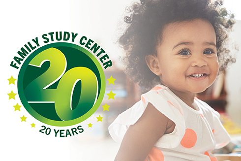 USF Family Study Center 20 Years banner with small smiling child