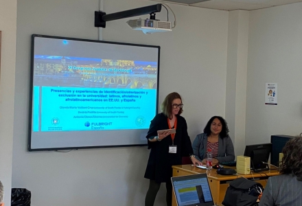 Vaillant Cruz presenting her research at a sociology conference in Cordoba, Spain with her Fulbright affiliate, Antonia Olmos Alcaraz (pictured standing). (Photo courtesy of Vaillant Cruz)