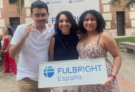 Glenda Vaillant Cruz (far right) at a Fulbright orientation held at the University of Alcalá de Henares, near Madrid, with two of her Fulbright colleagues Steven Osorio (left) and Mary Hanna (middle). (Photo courtesy of Vaillant Cruz)