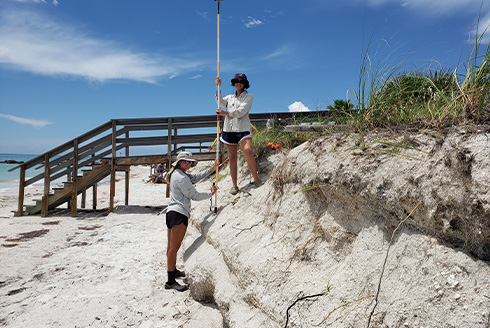 Graduate students Sophia Gutierrez and Elizabeth Royer conducting the quarterly beach survey after Hurricane Idalia. (Photo by Ping Wang)