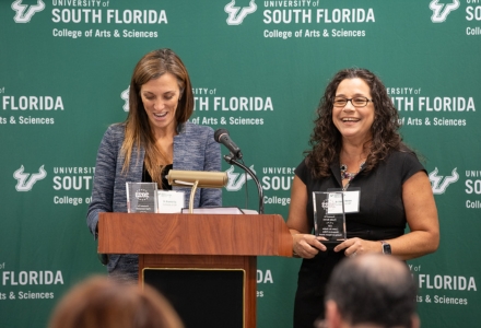 CJRP Co-Directors Dr. Bryanna Fox (left) and Dr. Edelyn Verona (right) welcome attendees and address awardees. (Photo by Corey Lepak)