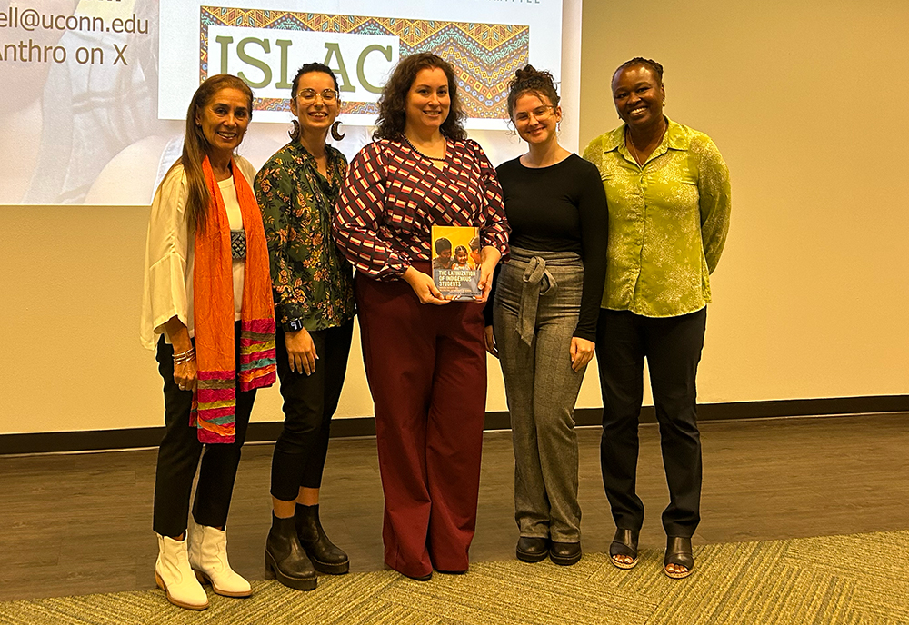 (From left) ISLAC director and associate professor in the Department of Sociology and Interdisciplinary Social Sciences Dr. Beatriz Padilla, applied anthropology PhD student Tailyn Osorio, Rebecca Campbell-Montalvo, president of the Anthropology Graduate Student Organization and PhD student Jordan Wright, and anthropology chair and professor Dr. Antoinette Jackson. (Photo courtesy of Chaady Radwan)
