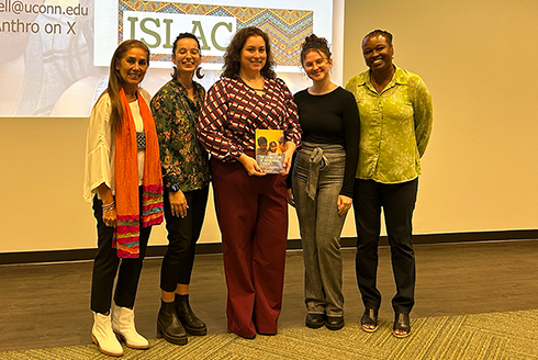 (From left) ISLAC director and associate professor in the Department of Sociology and Interdisciplinary Social Sciences Dr. Beatriz Padilla, applied anthropology PhD student Tailyn Osorio, Rebecca Campbell-Montalvo, president of the Anthropology Graduate Student Organization and PhD student Jordan Wright, and anthropology chair and professor Dr. Antoinette Jackson. (Photo courtesy of Chaady Radwan)