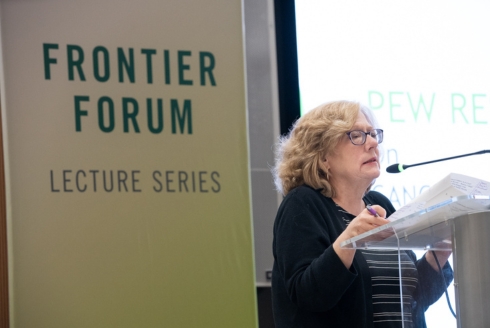Dr. Cathleen Kaveny opens the Frontier Forum lecture series with a brief overview of call-out culture. (Photo by Corey Lepak)
