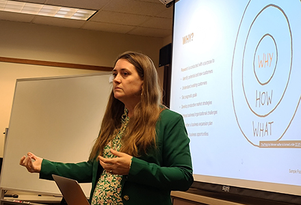 Dr. Mimi Perreault talks about her research to undergraduates in the Zimmerman School of Advertising and Mass Communications. (Photo courtesy of Vidisha Priyanka)