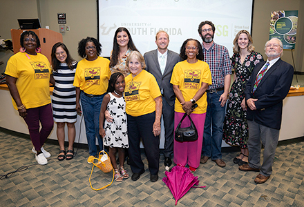 Attendees celebrate day one of the summit with a lecture series held on the USF campus. (Back row, from left): Brenda Clark, Dr. Whitney Fung, Regina Polite, Dhalia Bumbaca, Dr. William Schanbacher, Dr. Dave Himmelfarb, Monica Petrella, Mr. Dell deChant. (Front row, from left): Ri’Lynn Viverette, Kitty Wallace, Agnita Brown (Photo by Corey Lepak)