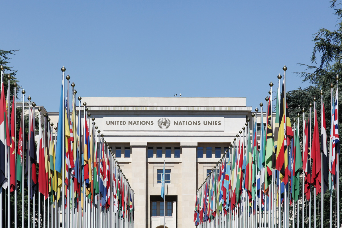 United Nations building with flags along walkway