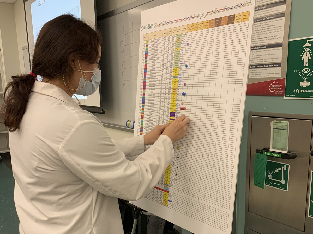 lab worker places data on a board