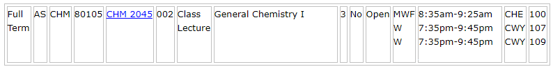 General Chemistry course listing
