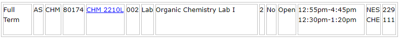 Organic Chemistry lab course listing 
