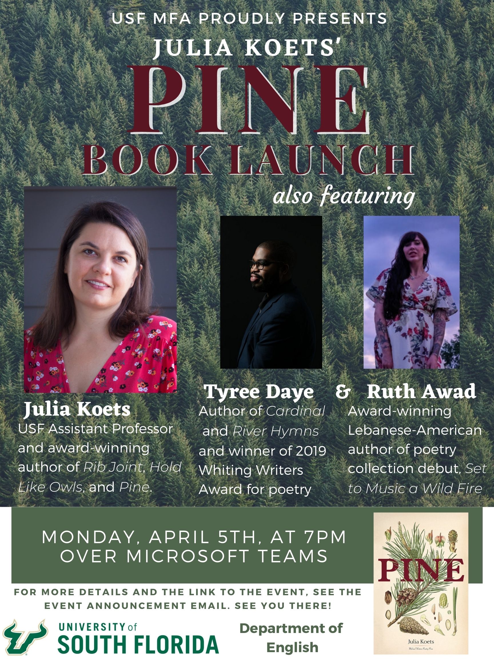 Flyer for Julia Koets book launch Pine