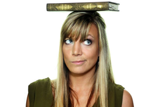 Image shows Melissa Carroll with a book on her head, looking up and to the right