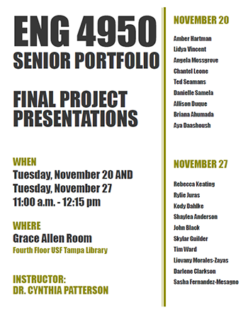 Flyer for Senior Portfolio Final Project Presentation events on November 20 & 27 from 11am-12:15pm in the Grace Allen Room on the Library's 4th floor