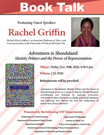 Flyer for book talk featuring guest speaker Rachel Griffin -- "Adventures in Shondaland: Identity Politics and the Power of Representation"