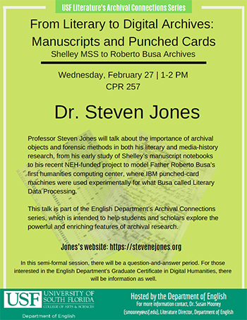Image shows flyer for Archival Connections with Dr. Steven Jones on Wednesday, February 27 from 1-2pm in CPR 257. Click for details. 