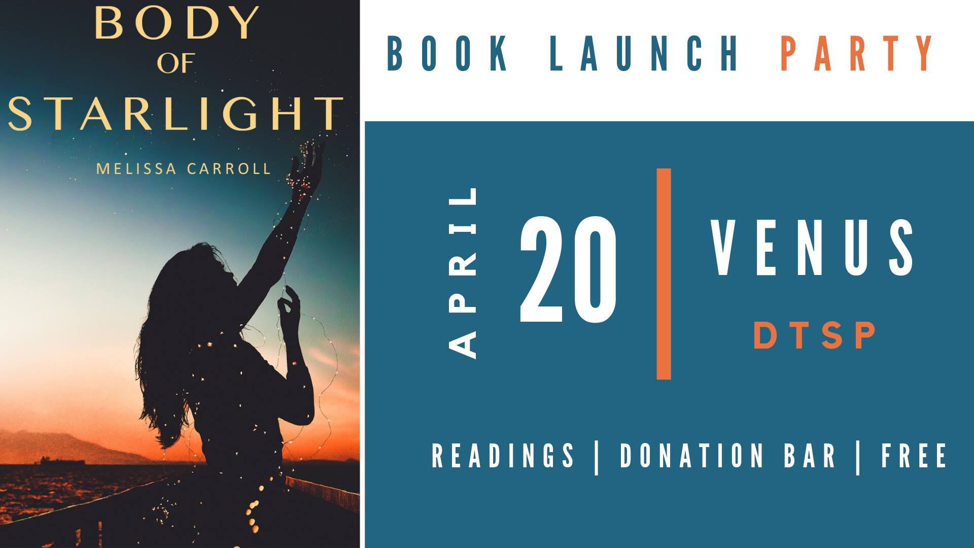 Image shows flyer for Body of Starlight book launch party