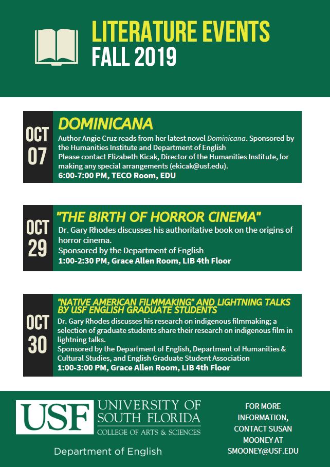 Image shows flyer for upcoming literature events in October. For details or reasonable accommodations, contact smooney@usf.edu