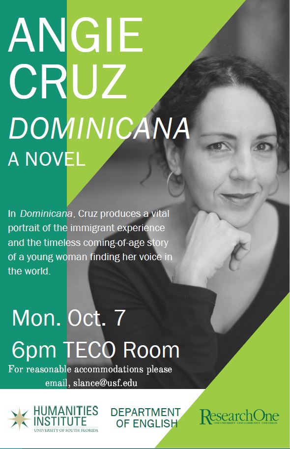 Flyer for Angie Cruz "Dominicana" Book Talk