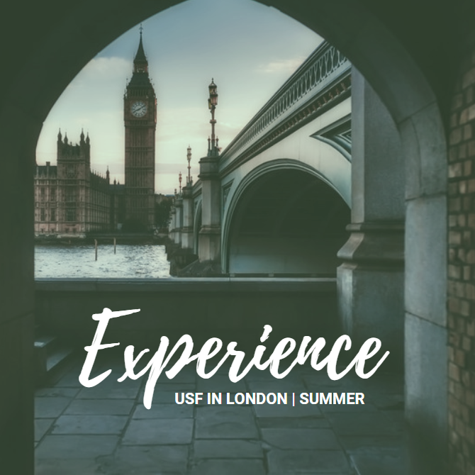 Flyer shows a cityscape of London through an archway with the text "Experience -- USF in London, Summer"