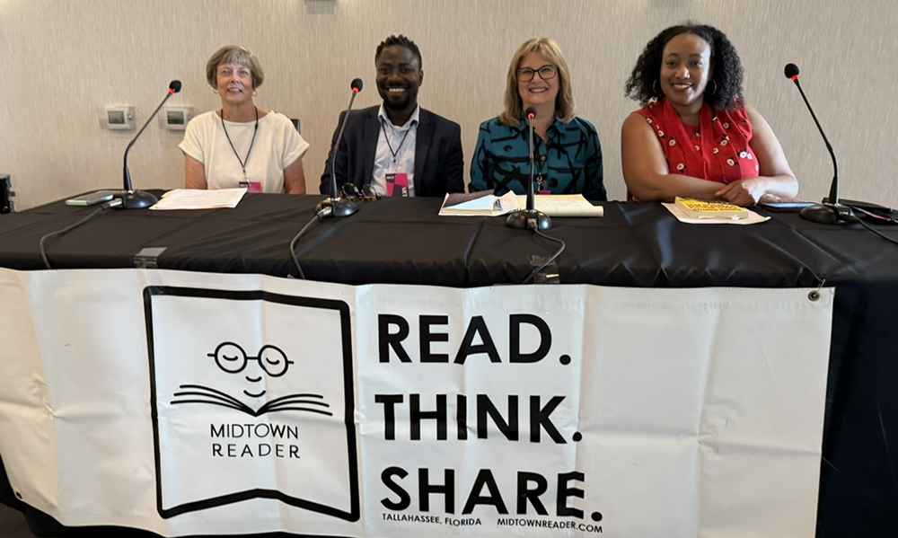 USF Assistant Professor Ajibola Tolase (center left) and USF alumna Aracelis González Asendorf (center right) both received gold medals from the Florida Book Awards.