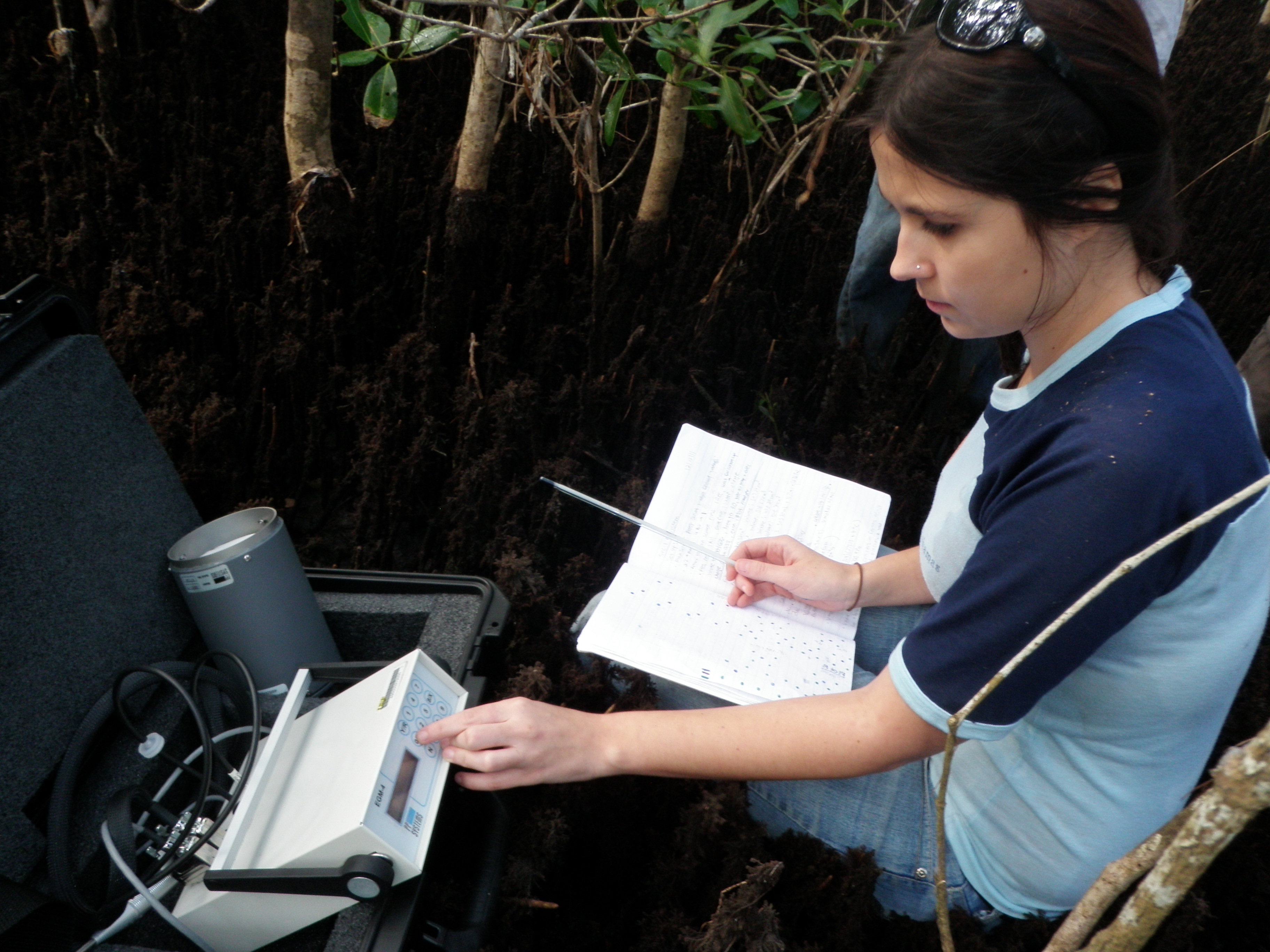 Student sampling soil and gas.